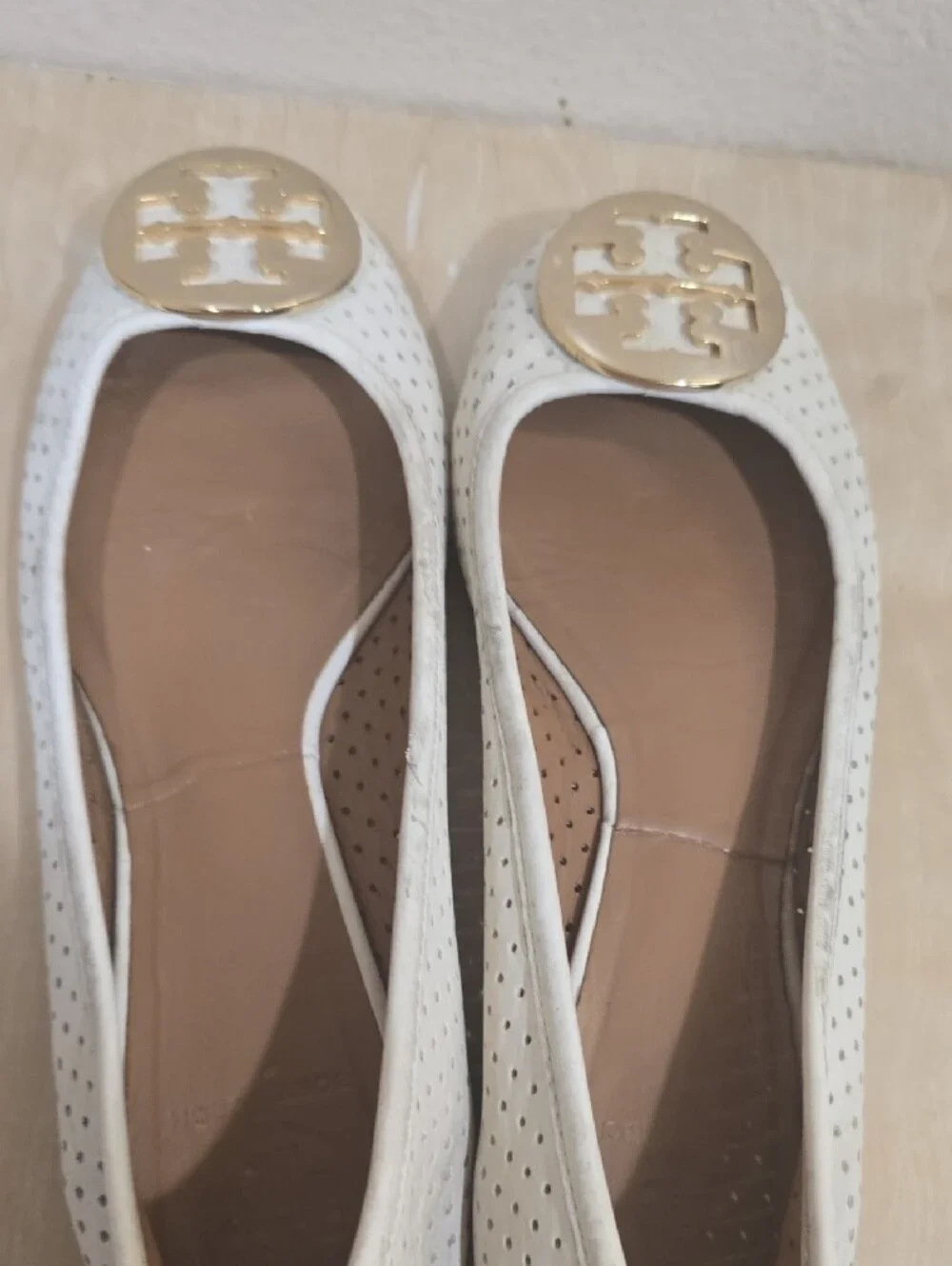 Tory Burch White Perforated Leather Logo Medallion Flats